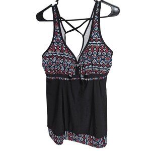 Aztec Print Tankini Top Padded Swimwear Swim Crisscross Back Tie Front Detail
